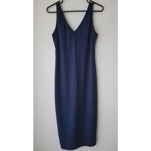 SHEIN Womens L 8/10 Navy Blue Ribbed Midi Dress Sleeveless V Neck Bodycon